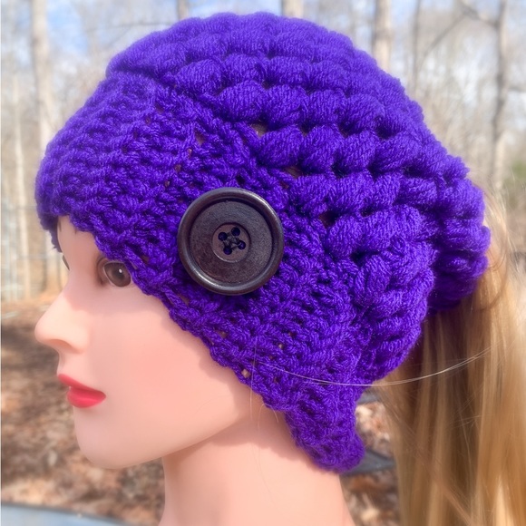 Purple Crochet Handmade Slouch Women's/Teens Messy Bun/Ponytail Hat - Picture 2 of 4